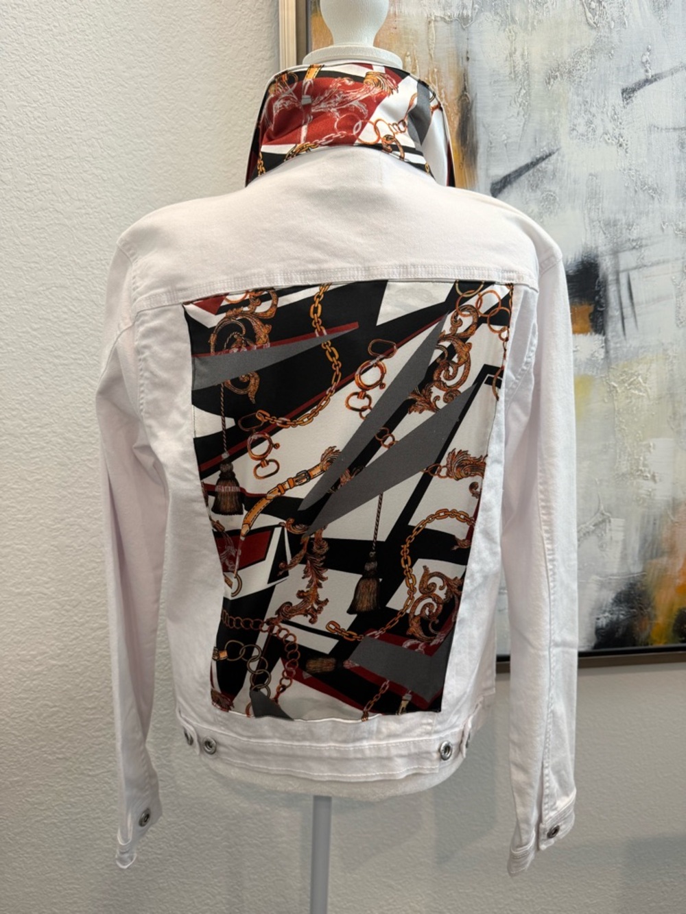 White Distressed Jean Jacket with Patterned Scarf Back Panel